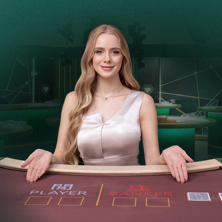 Image for an online casino game featuring a female dealer in a red dress at a gaming table. She is positioned in front of cards, with labels 'PLAYER' and 'BANKER' visible on the table. The background shows a stylish casino setting.